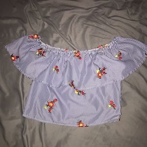 Striped Embroidered Off Shoulder Top